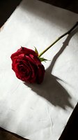 Single red rose with water droplets lying on white paper with dramatic shadow and natural lighting for romantic greeting cards and love concepts.