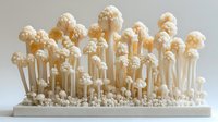 White mushrooms with long stems growing in dense clusters on light background, artistic composition showing delicate fungal forms and textures.