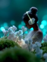 Young Asian woman in dreamy garden setting with white dandelions and turquoise bokeh lights, artistic portrait showing silhouette among glowing flowers at dusk.