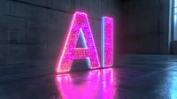 Glowing pink neon AI letters on dark reflective surface create futuristic tech atmosphere with dramatic lighting and modern aesthetic appeal.