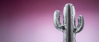 Metallic silver chrome cactus sculpture on gradient purple pink background for modern interior design and contemporary art projects.