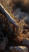 Gentle hand touching wild herbs at golden sunset, creating atmospheric mood for nature connection and mindfulness concepts.