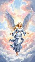 Heavenly angel with large white wings floating in pastel clouds with divine light rays, spiritual guardian figure in flowing blue robes for religious artwork.