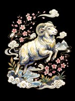 Aries ram with curved horns leaping among cherry blossoms and ornamental clouds on transparent background. Ready for t-shirts, stickers, sublimation, print-on-demand products and clipart designs.