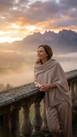 Middle-aged woman in beige shawl gazing at dramatic mountain landscape at sunrise. Contemplative traveler enjoying scenic vista from stone balcony with misty valleys below.