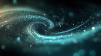 Glowing turquoise spiral of light particles swirling in dark space creates magical cosmic effect with bokeh and sparkles against black background.