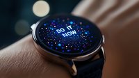 Modern smartwatch displaying motivational message "Do it now" on dark starry digital screen against blurred background, close-up view of wearable technology.