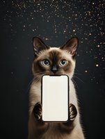 Siamese cat holding blank smartphone screen against starry night background for mockup design and digital marketing campaigns.