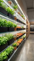 Modern grocery store produce section with fresh herbs and vegetables displayed on illuminated shelves alongside potted plants creating sustainable retail environment.