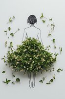 Creative conceptual art of woman silhouette with dress made from fresh green leaves and flowers, surrounded by floating botanical elements on white background.