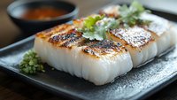 Grilled white fish fillet with crispy seared top, garnished with fresh herbs and served on black plate with dipping sauce, close up view of seafood preparation.