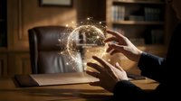 Hands holding glowing digital globe with sparkling light effects above laptop desk, representing global connectivity, technology innovation, and worldwide business communication.