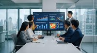 Business team analyzing financial data on large screen in modern conference room with city skyline view during corporate meeting presentation.
