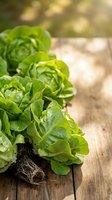 Fresh green lettuce heads with roots on rustic wooden table for organic farming and healthy eating concepts.