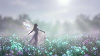 Ethereal fairy silhouette with translucent wings dancing in magical glowing flower field at dawn with soft purple and green bokeh lights creating dreamy atmosphere.