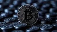Silver bitcoin cryptocurrency coin with blurred coins in background, dramatic lighting and selective focus creates modern financial concept.