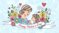 Mother and daughter embracing with colorful flowers and Happy Mother's Day banner on light blue background for greeting cards and celebrations.