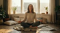 Middle-aged woman with long blonde hair, Caucasian ethnicity, practicing yoga in lotus position on mat in bright living room with windows, plants and cushions for wellness and mindfulness content.