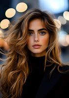 Young woman with flowing caramel hair and natural makeup wearing black turtleneck against blurred bokeh lights background, looking directly at camera with confident expression.