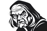 Dramatic monochrome portrait of hooded elderly man with intense expression and flowing hair, black and white artistic illustration on isolated background.