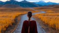Young woman with long braided hair in burgundy sweater standing on empty rural road through golden autumn fields with mountain range backdrop.