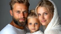 Happy young Caucasian family portrait with bearded father, blonde mother in knit hoodie and cute daughter smiling together in cozy home setting.