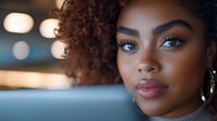 Young African American woman with natural curly hair and glowing skin in soft evening lighting, close-up portrait with blurred background and bokeh effects.