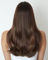 Back view of young woman with long straight brown hair showing healthy shine and smooth texture against white background, demonstrating professional hair care results.