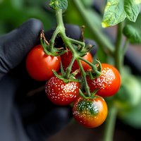 Fresh cluster of red tomatoes on vine with water droplets, held by black gloved hand against blurred green background. Close up macro photography for food concept.