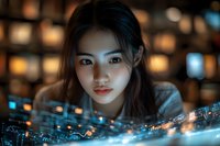 Young Asian woman looking through glowing digital interface with futuristic data visualization elements in dark environment with bokeh lights.