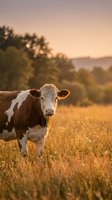 Brown and white cow standing in golden pasture field during warm sunset light with blurred trees and hills in peaceful rural countryside landscape.