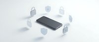 Mobile phone security concept with protective shields and padlocks surrounding smartphone on white background for cybersecurity and data protection designs.