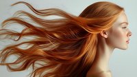 Young woman with flowing copper red hair in motion against light background, side profile view showing natural beauty and hair movement dynamics. For beauty and haircare advertising.