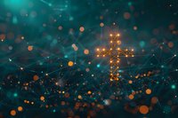 Glowing cross formed by connected light points against dark teal background with bokeh effect and network connections.