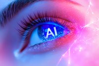 Close-up of eye with glowing AI text reflection in iris, neon pink and blue lighting effects create futuristic atmosphere for artificial intelligence concepts.