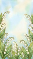Watercolor lily of the valley floral frame with soft blue-green background, white bell flowers and green leaves forming an arch border.