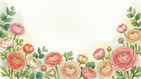 Elegant floral border with pink and peach ranunculus flowers and green leaves on cream background for wedding invitations and romantic designs.