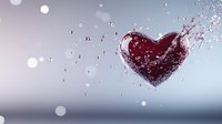 Red liquid heart shape splashing with droplets against soft bokeh background for romantic Valentine's Day designs and love-themed projects.