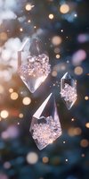 Magical floating crystal quartz points with sparkling clusters against dreamy bokeh background in soft pink and blue tones, ethereal mystical atmosphere.