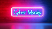 Glowing neon Cyber Monday sign on brick wall background with vibrant pink and blue gradient lighting effects creating modern retail atmosphere.