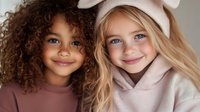 Two smiling young girls in cozy hooded sweatshirts, one with natural curly hair and one with long blonde hair, representing friendship and diversity in childhood.