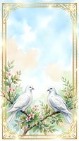 Elegant watercolor frame featuring two white doves perched on a flowering branch with pink blossoms, surrounded by ornate gold decorative borders and soft sky background. Perfect for wedding invitations, greeting cards, and romantic design projects.