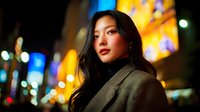 Young Asian woman with long dark hair in urban nighttime setting with colorful neon lights and bokeh background for lifestyle and city concepts.
