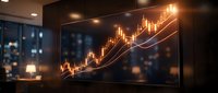 Financial candlestick chart displaying upward trend on large screen in modern office environment for investment analysis and trading decisions.