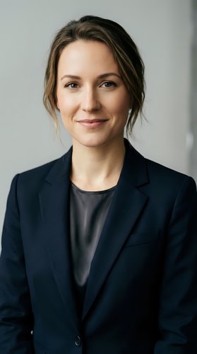 Professional businesswoman in dark suit smiling confidently at camera in modern office setting for corporate headshot and business presentations.