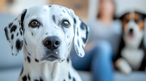 Dalmatian dog with bright blue eyes looking directly at camera in close-up portrait view, with blurred background showing another dog. For pet photography and animal portraits.