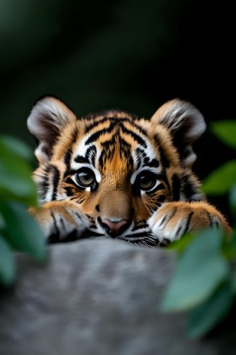 Adorable tiger cub peeking over edge with curious expression, bright eyes and striped face visible against dark green foliage background, showing playful nature.