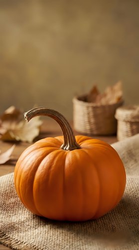 Orange pumpkin on burlap fabric with autumn leaves in wicker baskets creating warm seasonal harvest atmosphere for fall decorating and thanksgiving celebrations.
