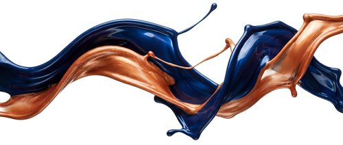 Dynamic flowing liquid splash in navy blue and copper colors creating elegant waves on white background for modern design projects.