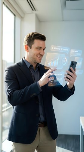 Smiling Caucasian businessman using smartphone with holographic AI data charts and market trend analytics floating in modern office.